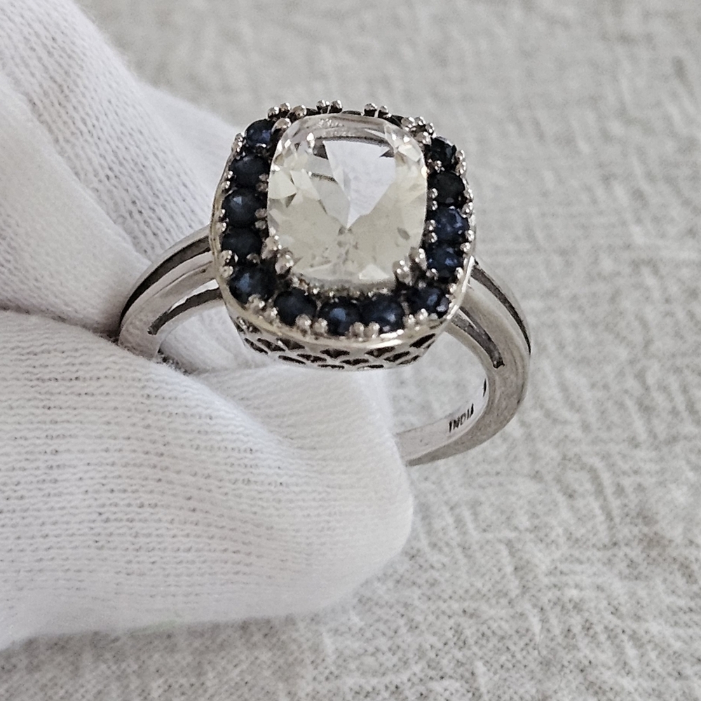 Crystal Quartz With Blue Sapphire Ring Rhodium Plated Sz 8 TGW 2.55